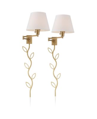 Clement Modern Swing Arm Wall Lamps Set of 2 with Cord Covers Warm Brass Plug-in Light Fixture Linen Drum Shade for Bedroom Bedside