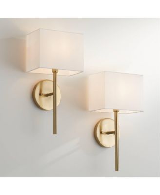 Modern Wall Light Sconces Set of 2 Warm Brass Hardwired 8" Fixture Linen Shade for Bedroom Living Room