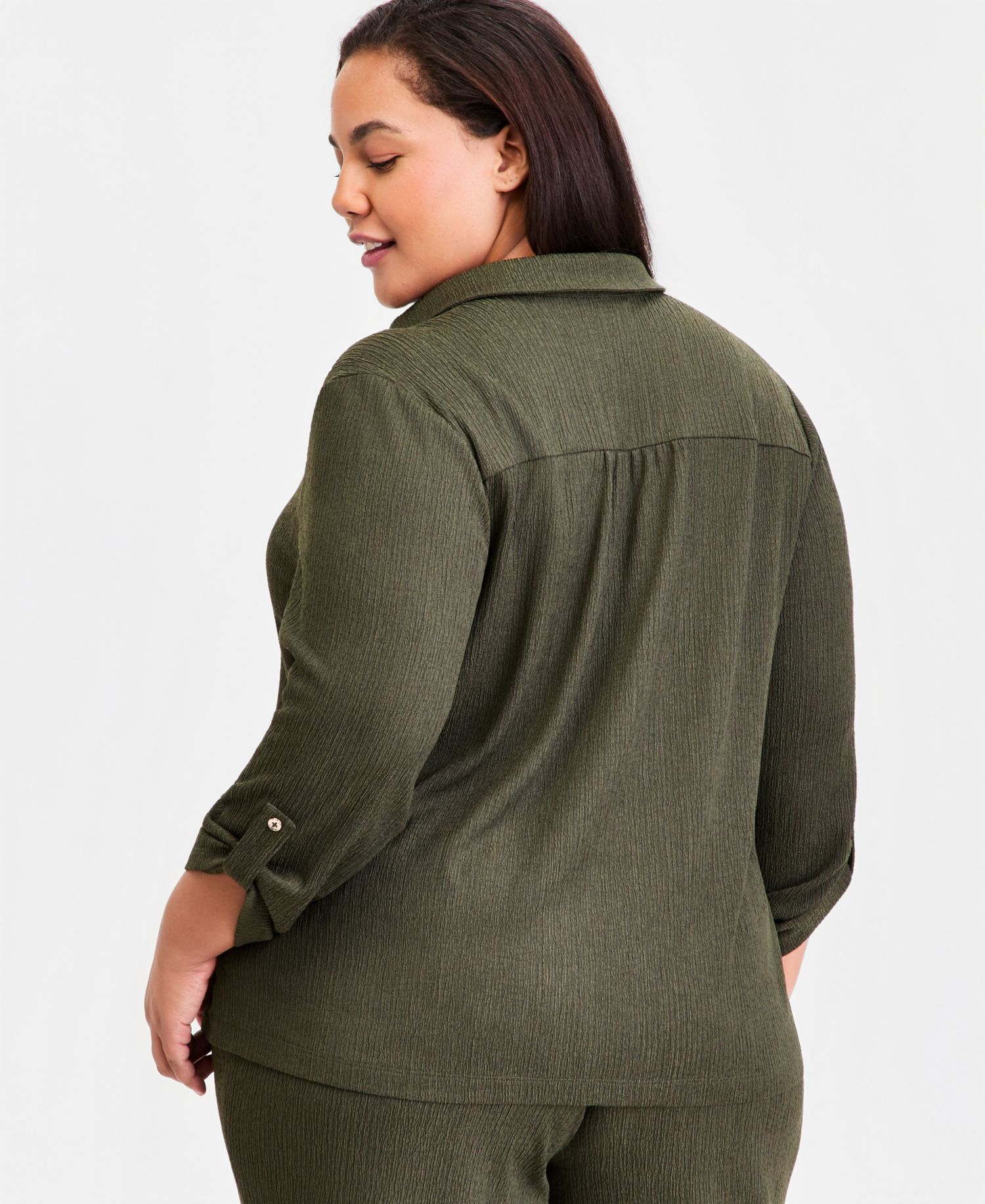 Plus Size Collared 3/4-Sleeve Blouse