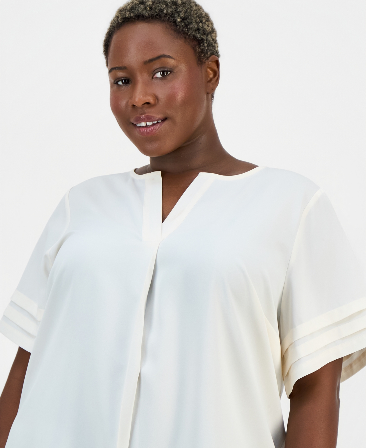 Anne Klein Essentials Plus Pleated-Sleeve Split-Neck Top