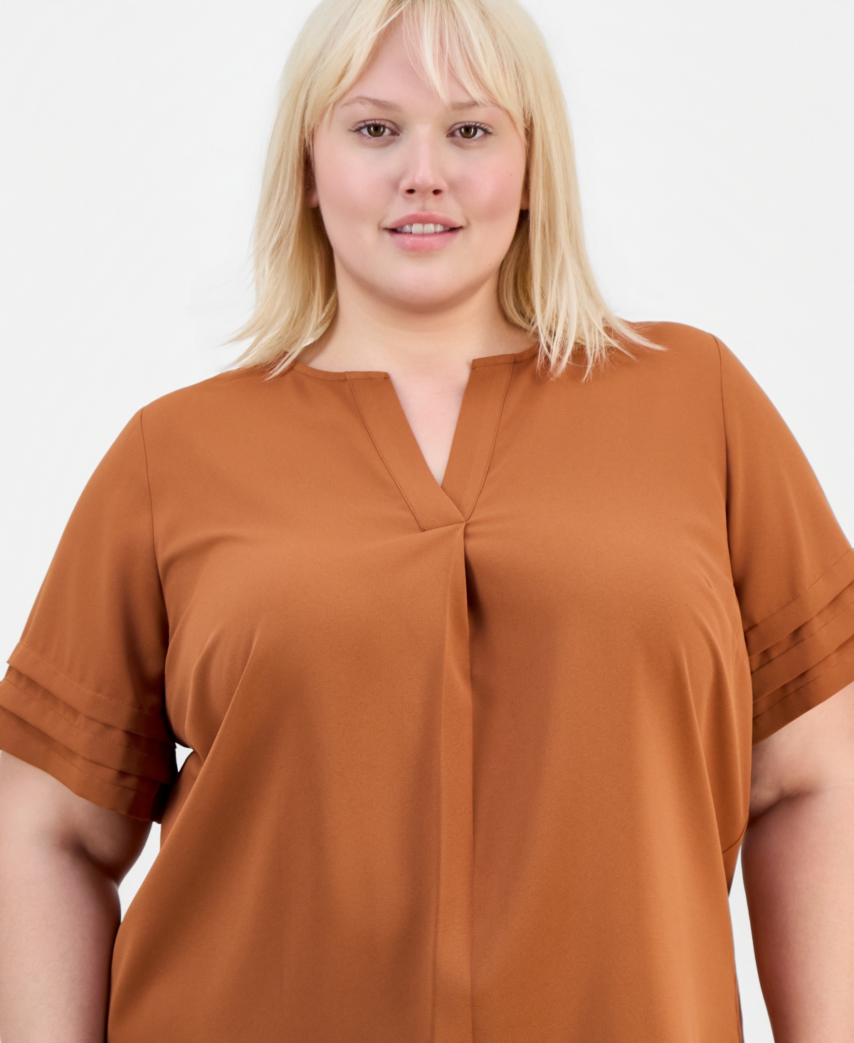 Anne Klein Essentials Plus V-Neck Pleated Popover Top