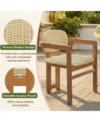 Outdoor Woven Rattan Chair Set of 2, Comfortable Garden Seating, Acacia Wood Accent Chairs with Backrest for Backyard, Porch