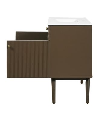 36 Inch Modern Freestanding Bathroom Vanity with Soft Close Doors, Striped Cabinet and Ceramic Sink for Luxury Storage