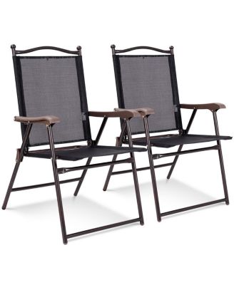 Set of 2 Folding Patio Furniture Sling Back Chairs Outdoors Black