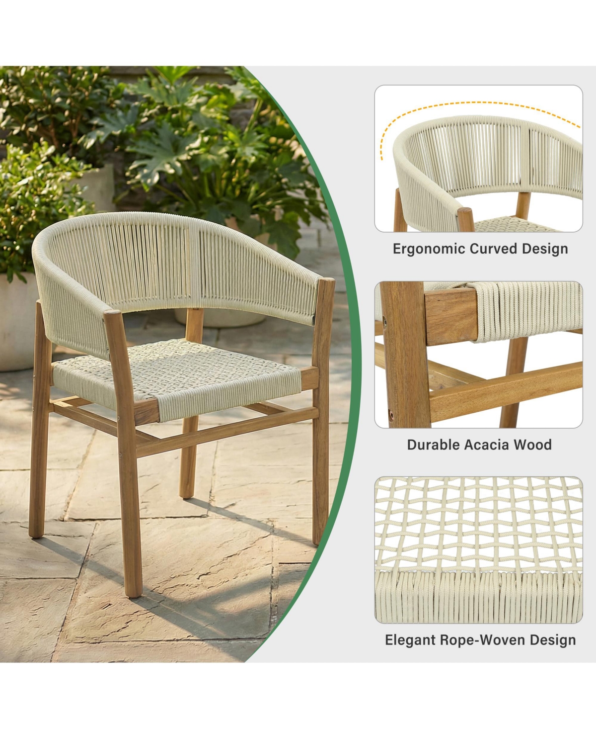 Rainsken Outdoor Accent Chairs Set of 2, Rope-Woven Design Armchair with Curved Backrest and Supportive Seating for Backyard, Porch, Garden