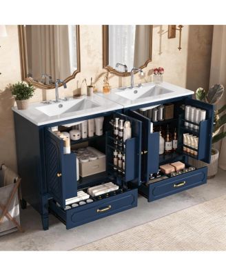 60 Inch Double Sink Bathroom Vanity, Freestanding Vintage Cabinet, Acacia Wood and MDF, Soft Close Doors, Ceramic Top, Ample Storage