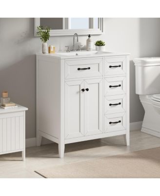 30 Inch Bathroom Vanity with Sink, Modern Freestanding Cabinet, Solid Wood Legs, Ceramic Top and 3 Drawers Storage