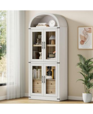  Arched Farmhouse Bookshelf with Glass Doors and Drawers, Display Cabinet with Metal Corners