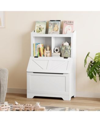 2-Tier Kids Toy Storage Organizer with Flip-Top Lid, Wooden Toy Chest Bookshelf for Playroom