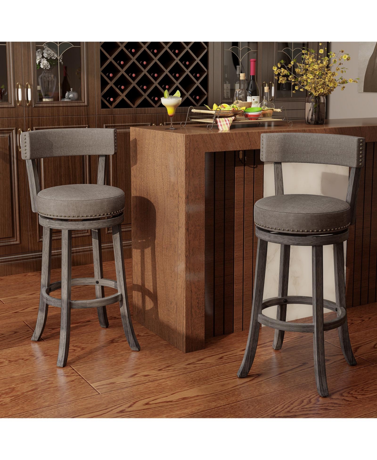 Gymax Bar Height Chairs Set of w/ 360degree(s) Swivel Seat Back and Cushioned Seat