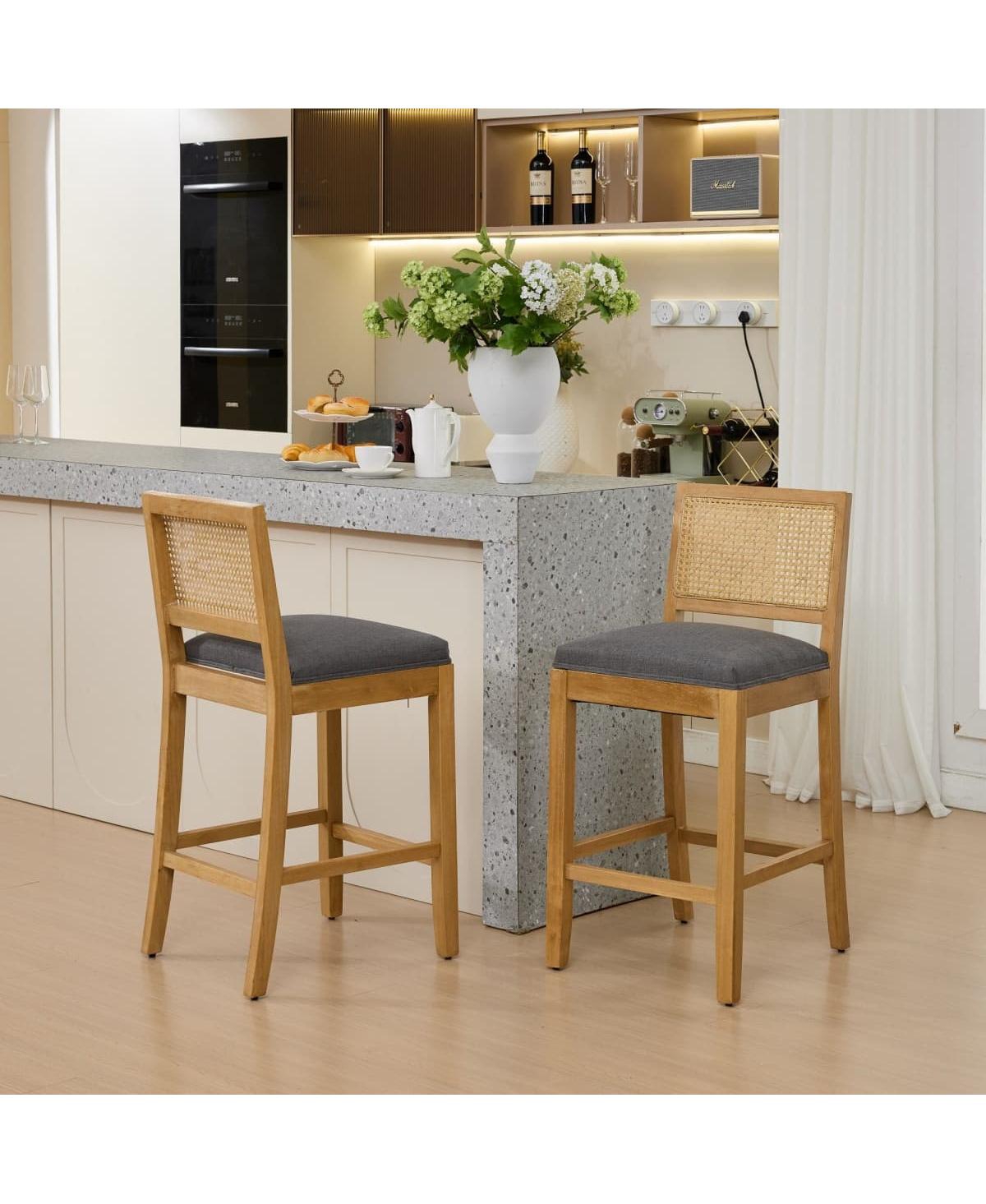 Maison Boucle Seat Solid Wood Rattan Back Bar Stools, Linen Cushion, Set of 2