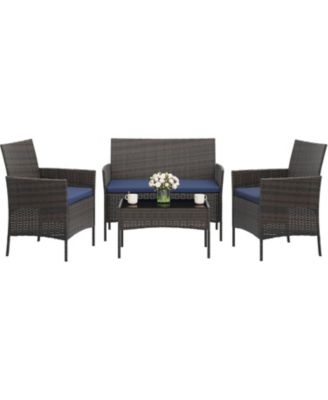 4 Pieces Patio Furniture Set, Outdoor Furniture with Soft Cushions and Coffee Table, All-Weather Rattan Outdoor Patio Set with Seats