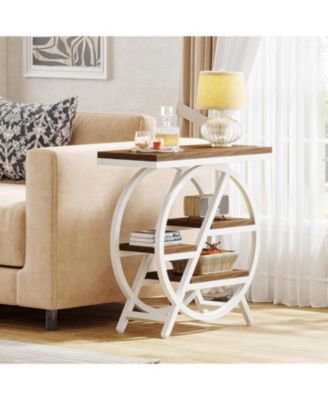 3-Tier End Table Set of 2, Narrow Sofa Side Table with Storage, Industrial Nightstand with Geometric Metal Frame