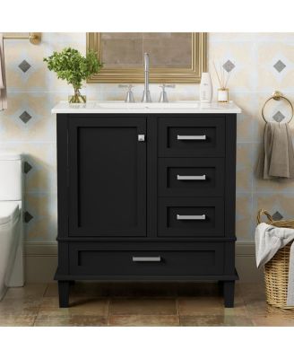 Sage Green Bathroom Vanity with Ceramic Sink, Freestanding Solid Wood MDF Cabinet, 3 Drawers Soft Close Door for Small Bathrooms