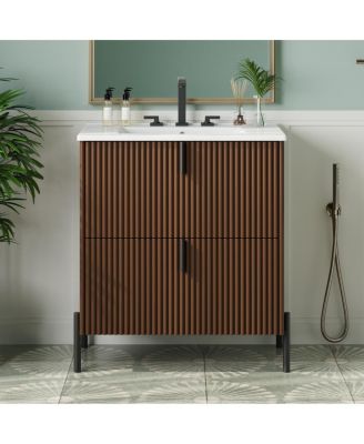 Bathroom Vanity with Sink, Modern Fluted MDF Cabinet, Soft Close Full-Extension Drawers for Small Spaces
