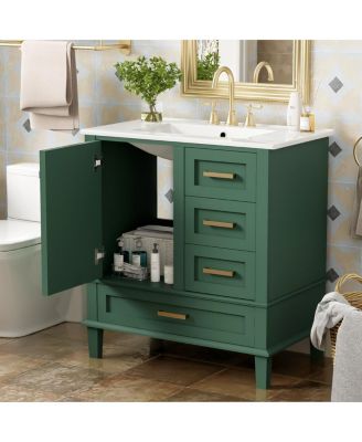 Sage Green Bathroom Vanity with Ceramic Sink, Freestanding Solid Wood MDF Cabinet, 3 Drawers Soft Close Door for Small Bathrooms