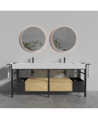 72'' Industrial Double Bathroom Vanity with Artificial Stone Sinks, Large Freestanding Bathroom Vanity without Faucet