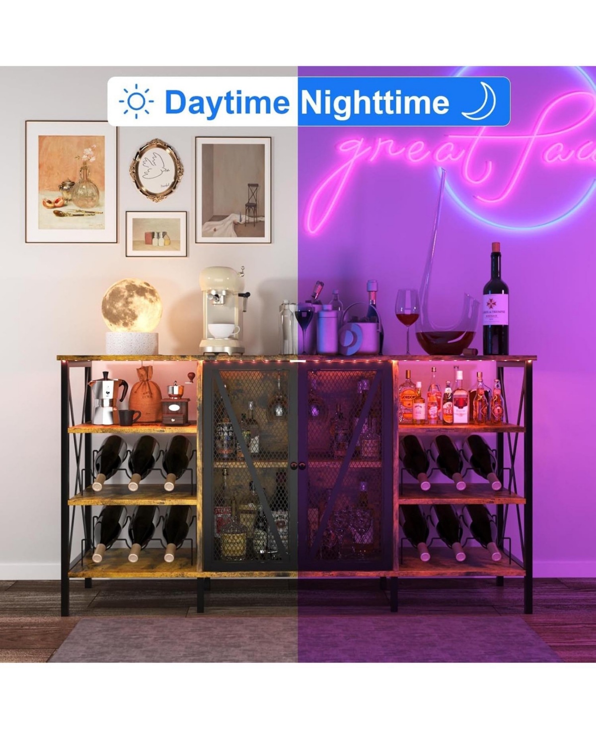 gaomon 55" Wine Bar Cabinet with Led Light, Modern Liquor Cabinet Station with Wine Rack and Mesh Door, Kitchen Sideboard Buffet Cabinet.