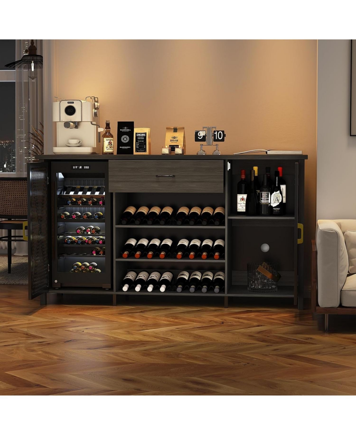 gaomon 71 Inch Coffee Bar Cabinet with Mini Fridge Space, Farmhouse Liquor Cabinet with 21 Wine Bottle Rack and Large Drawer