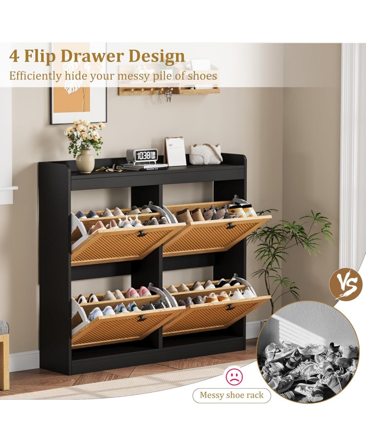 gaomon Shoe Cabinet with 4 Deep Flip Drawers, Freestanding Wooden Shoe Storage Cabinet with Rattan Door and 3-Tier Adjustable Shelves