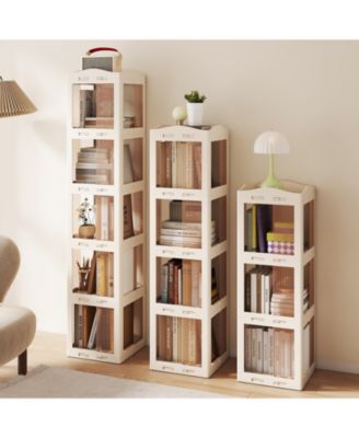3-Tier Foldable Rotating Bookshelf with Swivel Base and Translucent Panels
