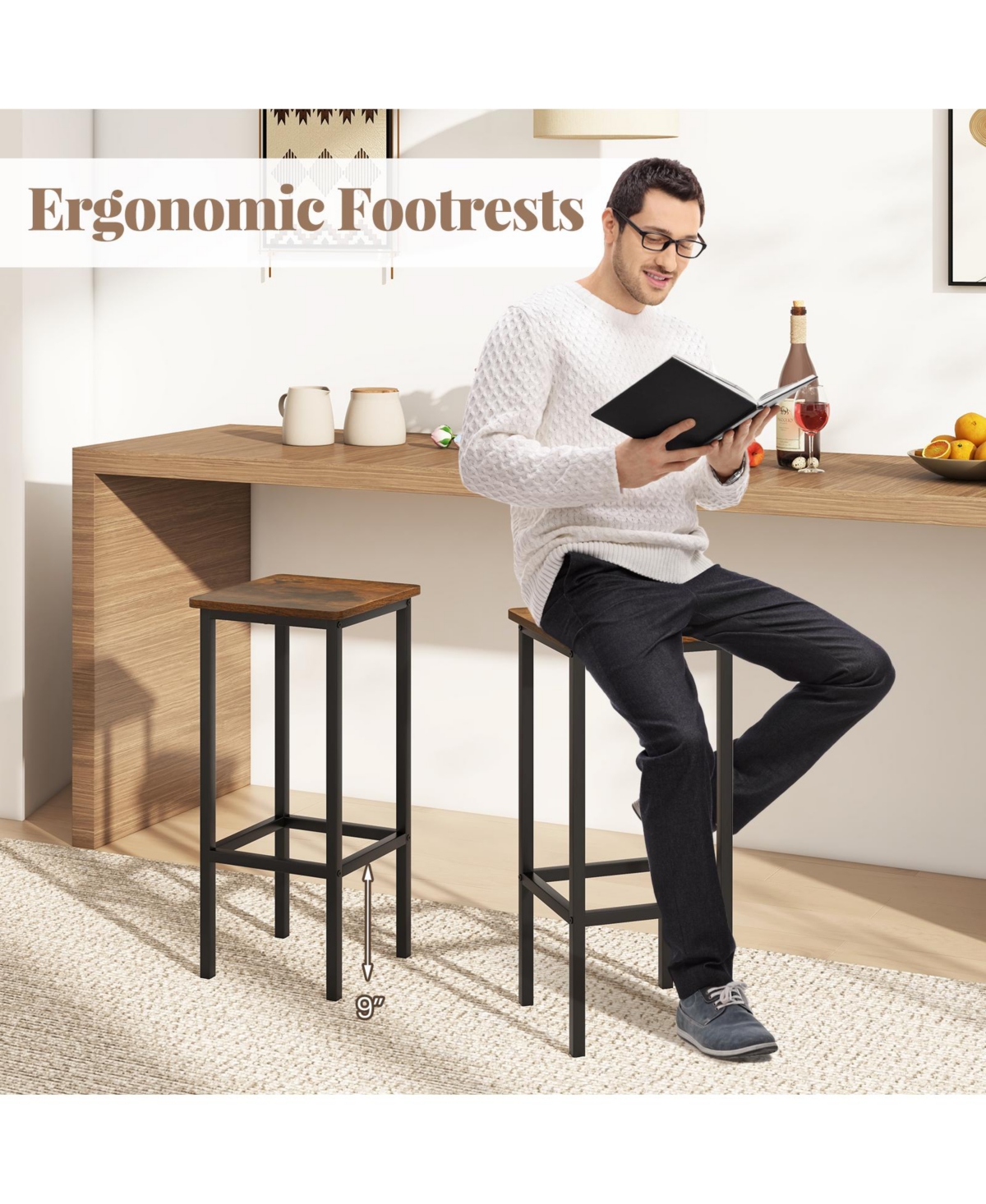 Sugift Counter Height Bar Stools Set of Two with Metal Legs and Footrest