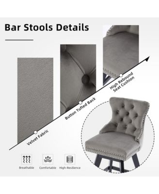 Velvet Bar Stools Set of 2 - Modern Swivel Counter Height Chairs with Button Tufted and Nailhead Trim for Home Pub, Kitchen Island