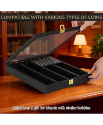 Challenge Coin Display Case,4-Row Wooden Challenge Coin Holder Display with Double-Groove Shelves,Lock&Acrylic Door for Military Medals, Casino