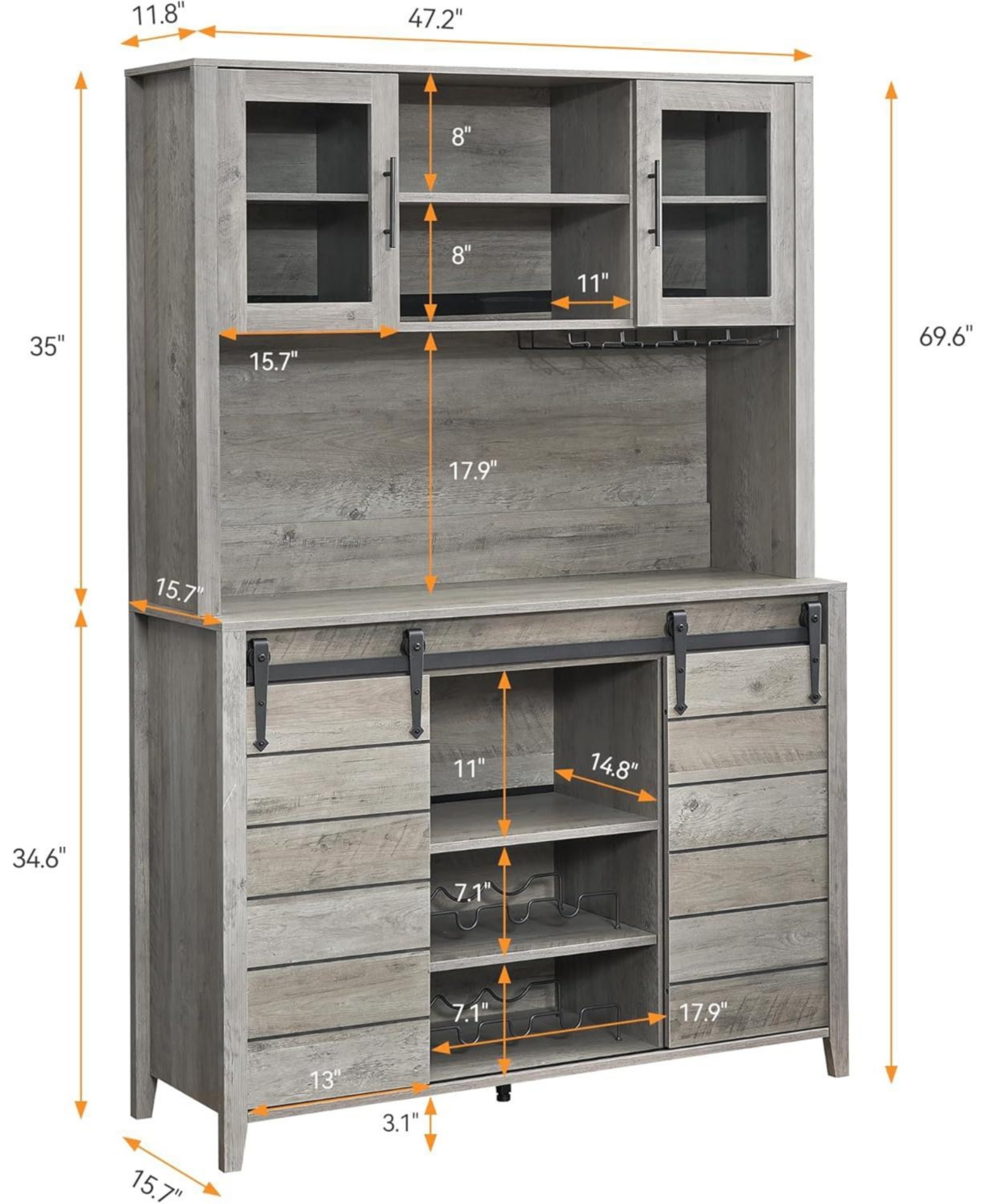 gaomon Farmhouse Bar Cabinet with Sliding Barn Door, 70" Rustic Buffet Cabinet with Storage Shelves, Liquor Cabinet
