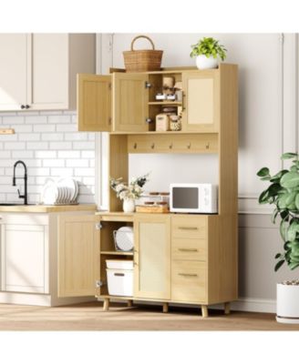 71 in Tall Kitchen Pantry Cabinet with Microwave Shelf, Rattan Freestanding Storage Cabinet with 3 Drawers, Adjustable Shelves and 6 Hooks