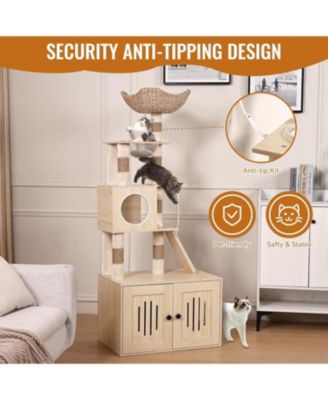 Cat Tree with Litter Box Enclosure, Hidden Washroom Litter Box Tree with Sisal Scratching Post and Soft Plush Perch, Wooden Cat Furniture