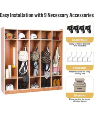 5-Section Glazed Coat Locker Storage Cabinet, 5 Large Cubbies with Hooks And 10 Small Cubbies, Classroom Coat Locker with 4 Hidden
