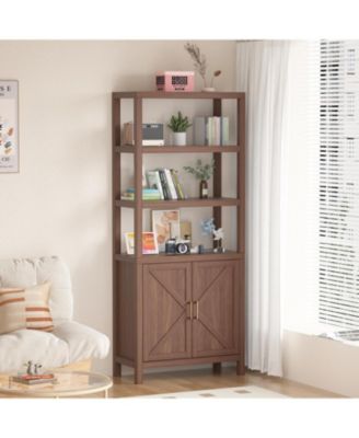 71 inch Tall Bookshelf 5Tier Bookcase Barn Doors and Adjustable Shelves, Wood Farmhouse Book Case with Storage Cabinet, Freestanding Book Shelf