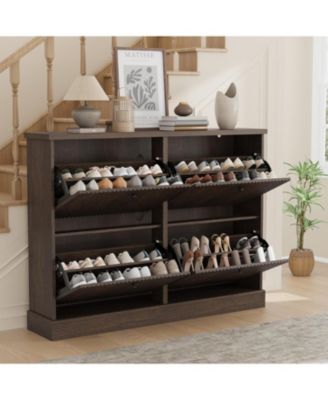 Fluted Shoe Cabinet with 4 Flip Drawers, Adjustable Removable Shelves, Freestanding Slim Shoe Organizer