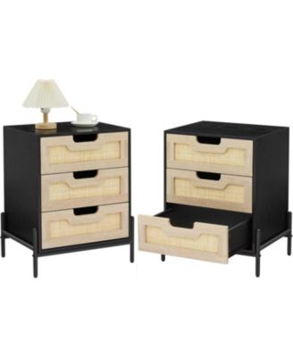 Nightstand, Rattan End Table, Nightstands with 3 Rattan Drawers, Strong Support Wooden Structure, Side Table with Storage Drawers
