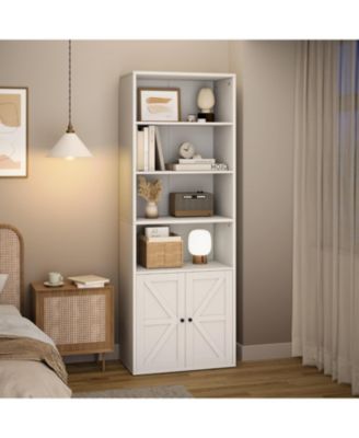 Set of 2 Rustic Barn Door Book Stand,Solid Wood with X-Door Design, Multiple Storage Shelves for Organized in Living Room, Bedroom, Entryway