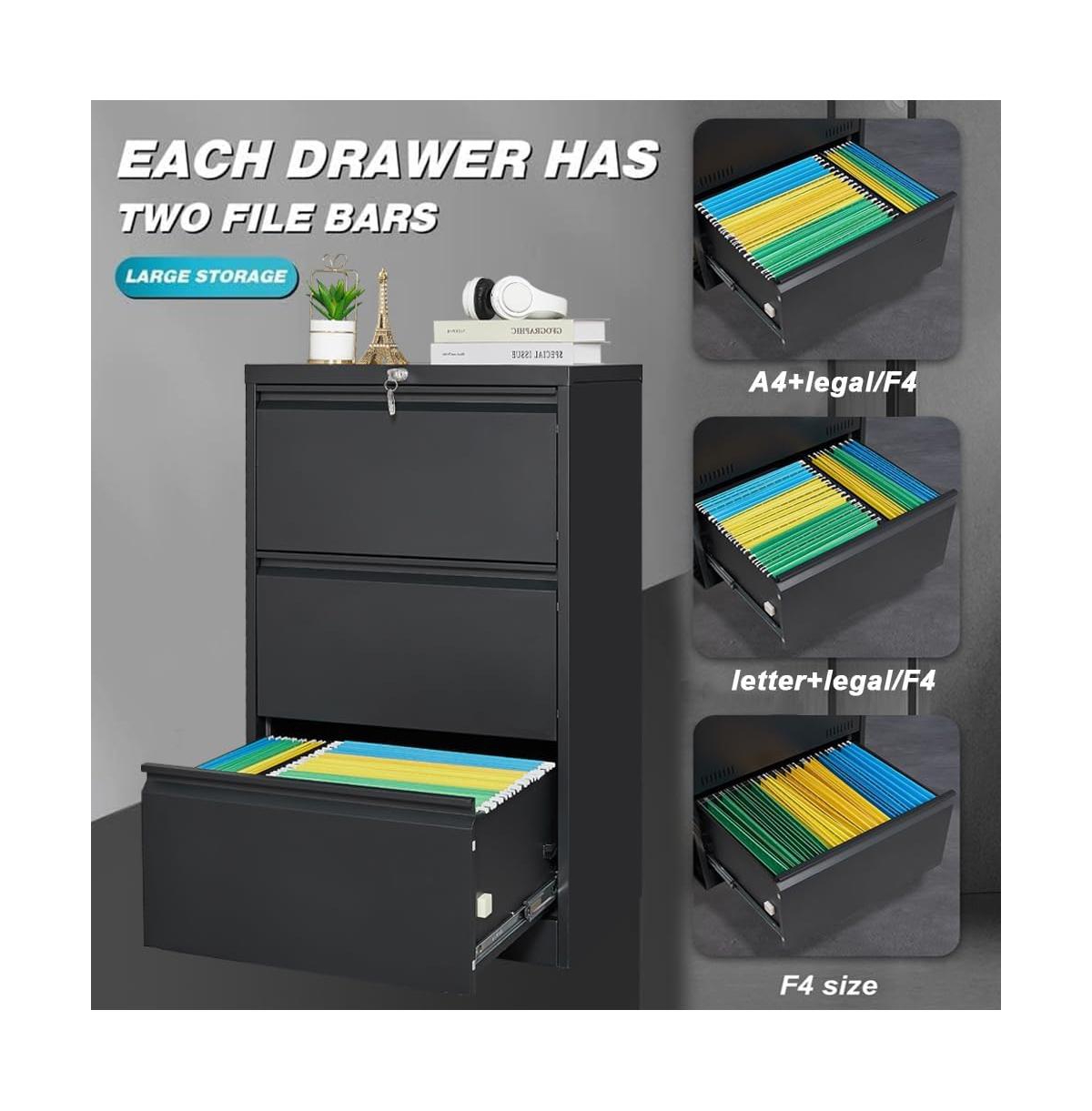gaomon 3 Drawer Lateral File Cabinet, Heavy Duty Metal Filing Cabinet with Locks for Home Office, Black Cabinets Business Card Holder