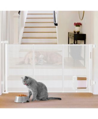 Retractable Pet Gate with Cat Door Mesh Dog Gate for Indoor Outdoor Use