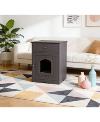 Wooden Cat Enclosure with Litter Box, Drawer, Side Table, Pet Crate, and Nightstand Home