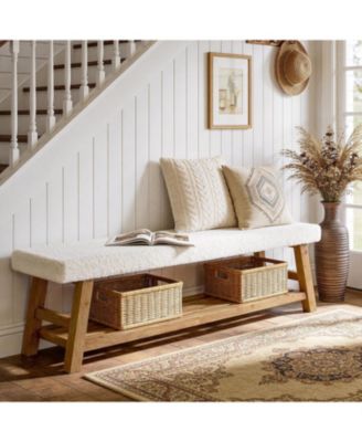  Upholstered Entryway Bench, 2-Tier Solid Wood Shoe Bench with Cushion and Storage, Modern End of Bed Seating