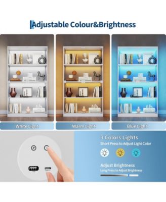 Glass Display Cabinet 4-Tier, Curio Bookcase Cabinets with Glass Doors, 3 Color Lights, Human Body Sensor & Charging Ports, for Living Room