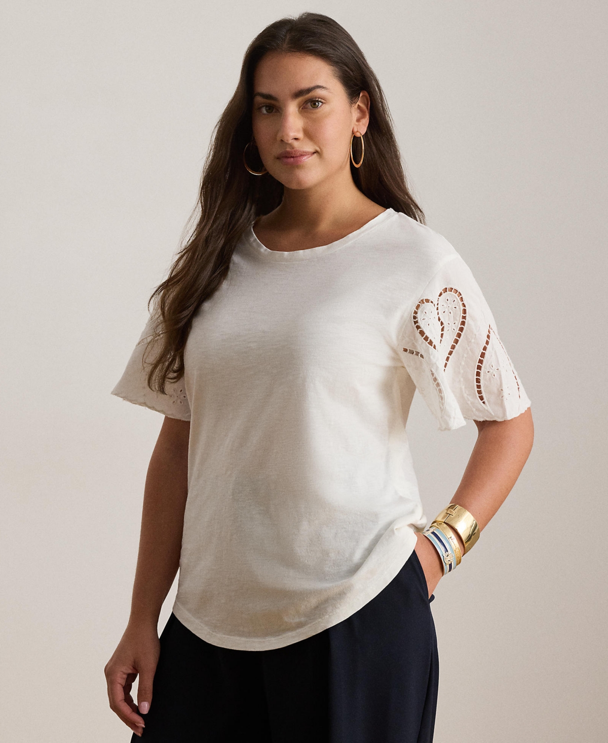 Lauren Ralph Plus Eyelet Cotton Jersey & Broadcloth Top