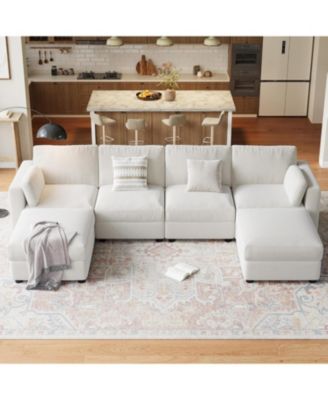 Modular Sectional Sofa- 6-Seater L-Shaped Couch with Movable Ottoman- Convertible Chenille Sofa