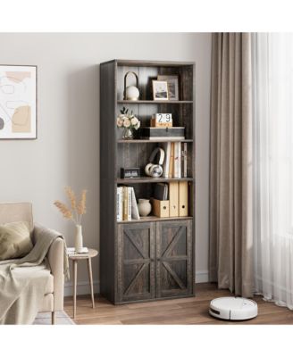 71.4" Tall Farmhouse 6-Tier Bookcase with Barn Doors and Storage Cabinet