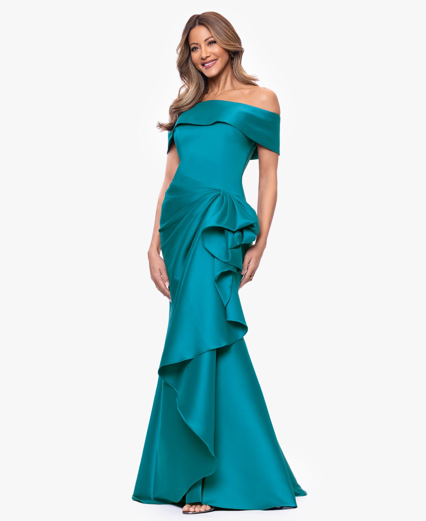 Женские платья XSCAPE Mikado Off-The-Shoulder Ruffle Gown, цвет: Бирюзовый — фото 2