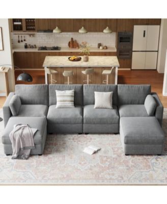 Modular Sectional Sofa- 6-Seater L-Shaped Couch with Movable Ottoman- Convertible Chenille Sofa