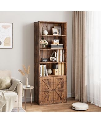 71.4" Tall Farmhouse 6-Tier Bookcase with Barn Doors and Storage Cabinet