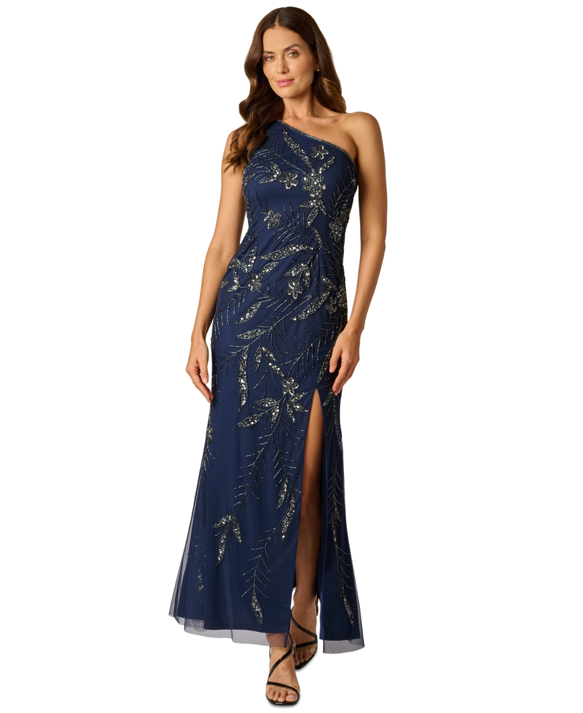 Adrianna Papell Women's One Shoulder Bead Mesh Long Dress