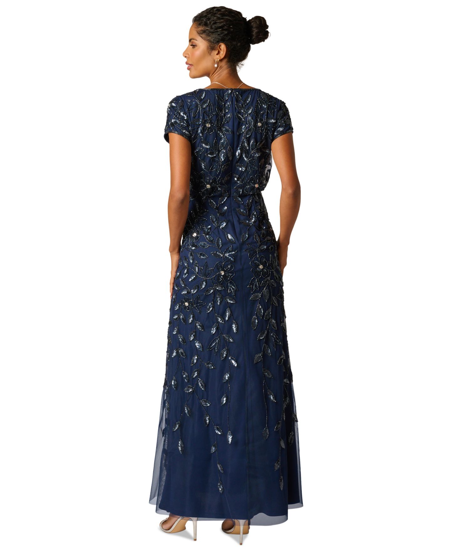 Женские платья Adrianna Papell Boat-Neck Blouson Beaded Gown, цвет: Светлый тёмно-синий — фото 4