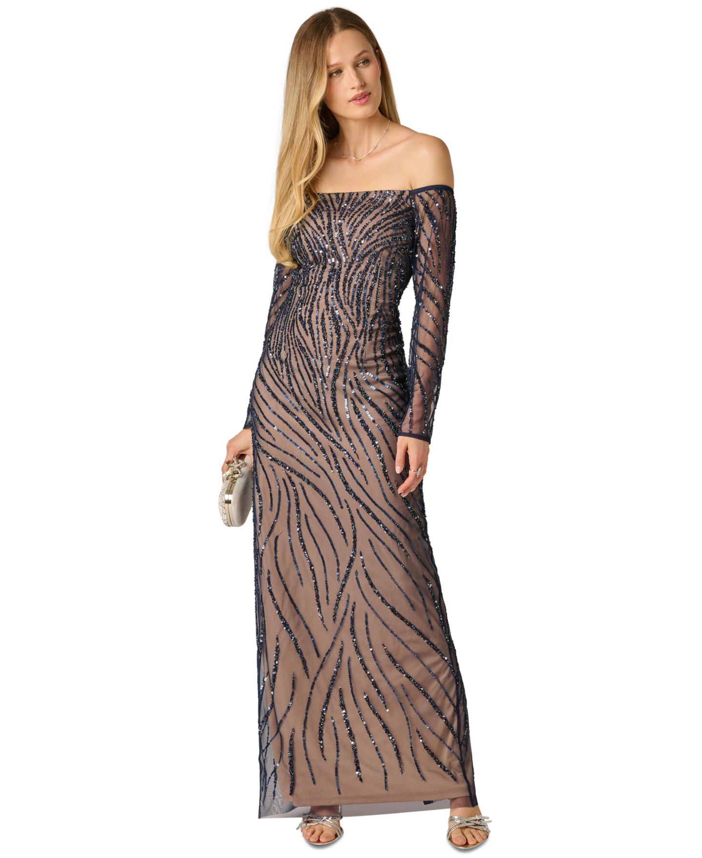 Женское платье Adrianna Papell Off the Shoulder Beaded Long, цвет: Тёмно-синий / Телесный — фото 2